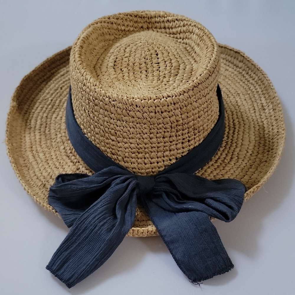 Scala Stylish Tan Straw Hat with Blue Ribbon